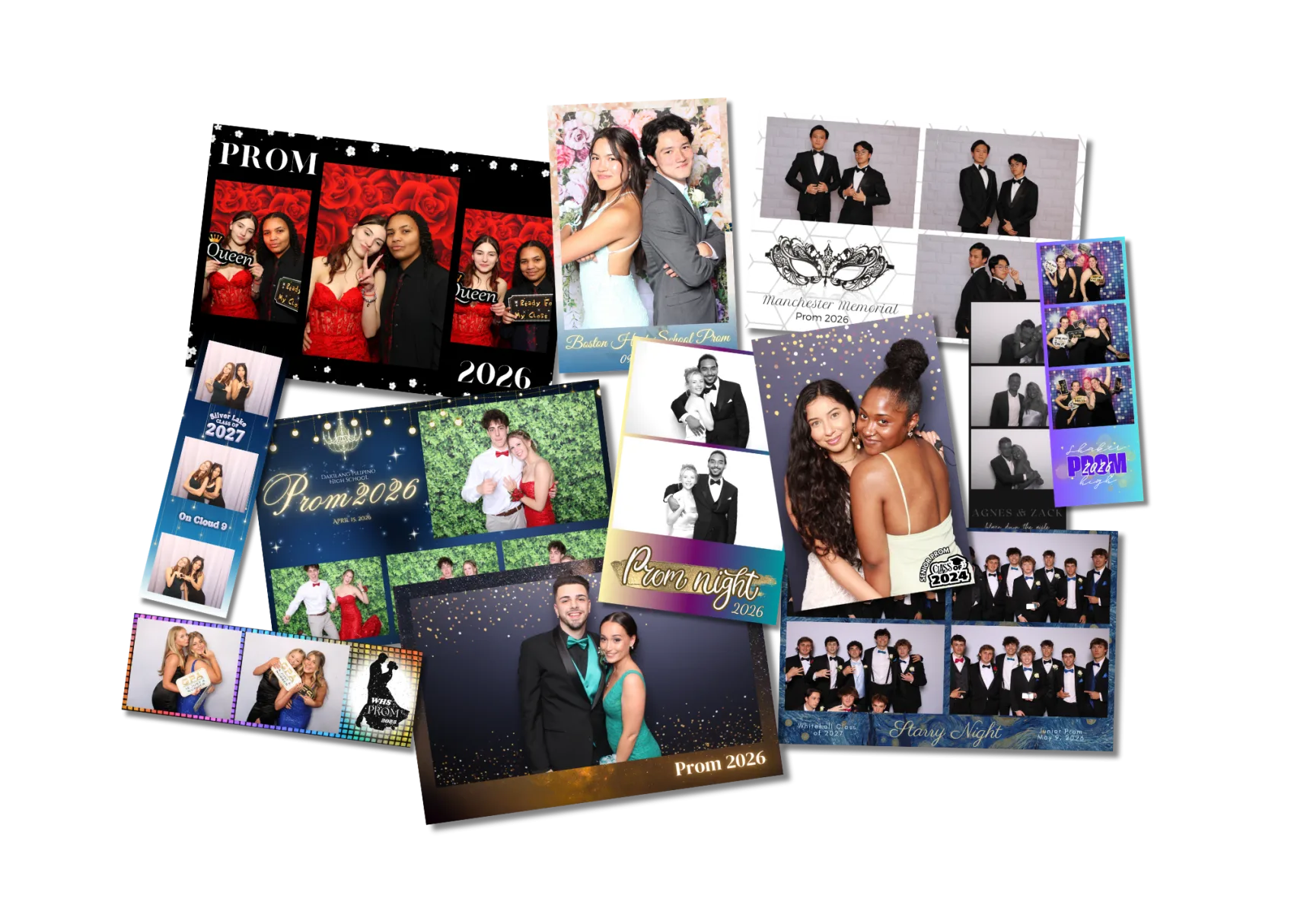 Collage of custom-branded prom and school-event photo booth print designs