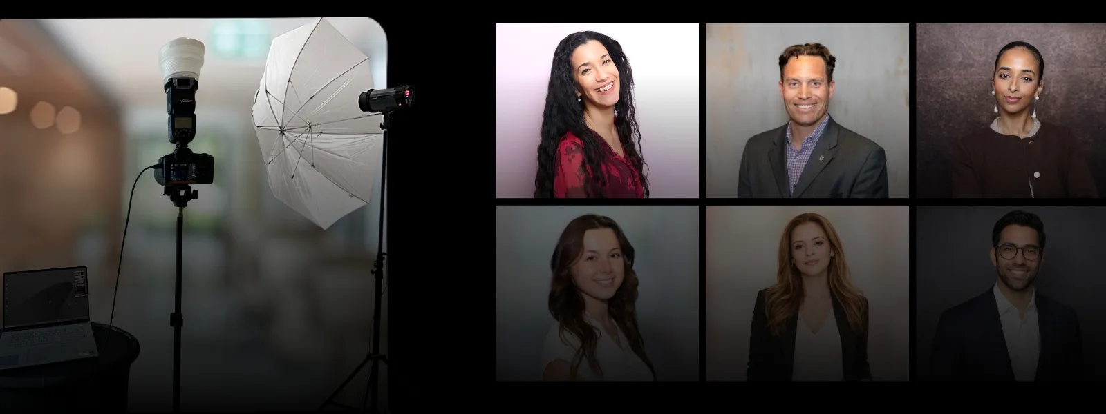 Corporate headshot session setup with professional lighting beside a grid of finished employee headshots