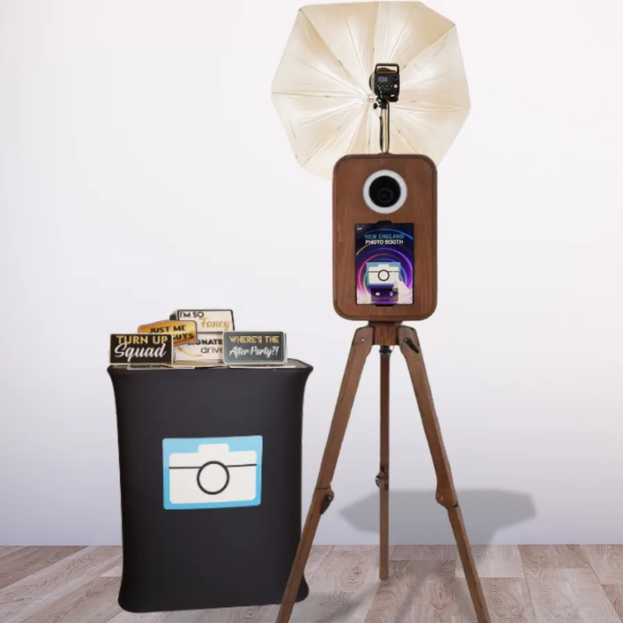 Flashback booth with prop table and printed sign props
