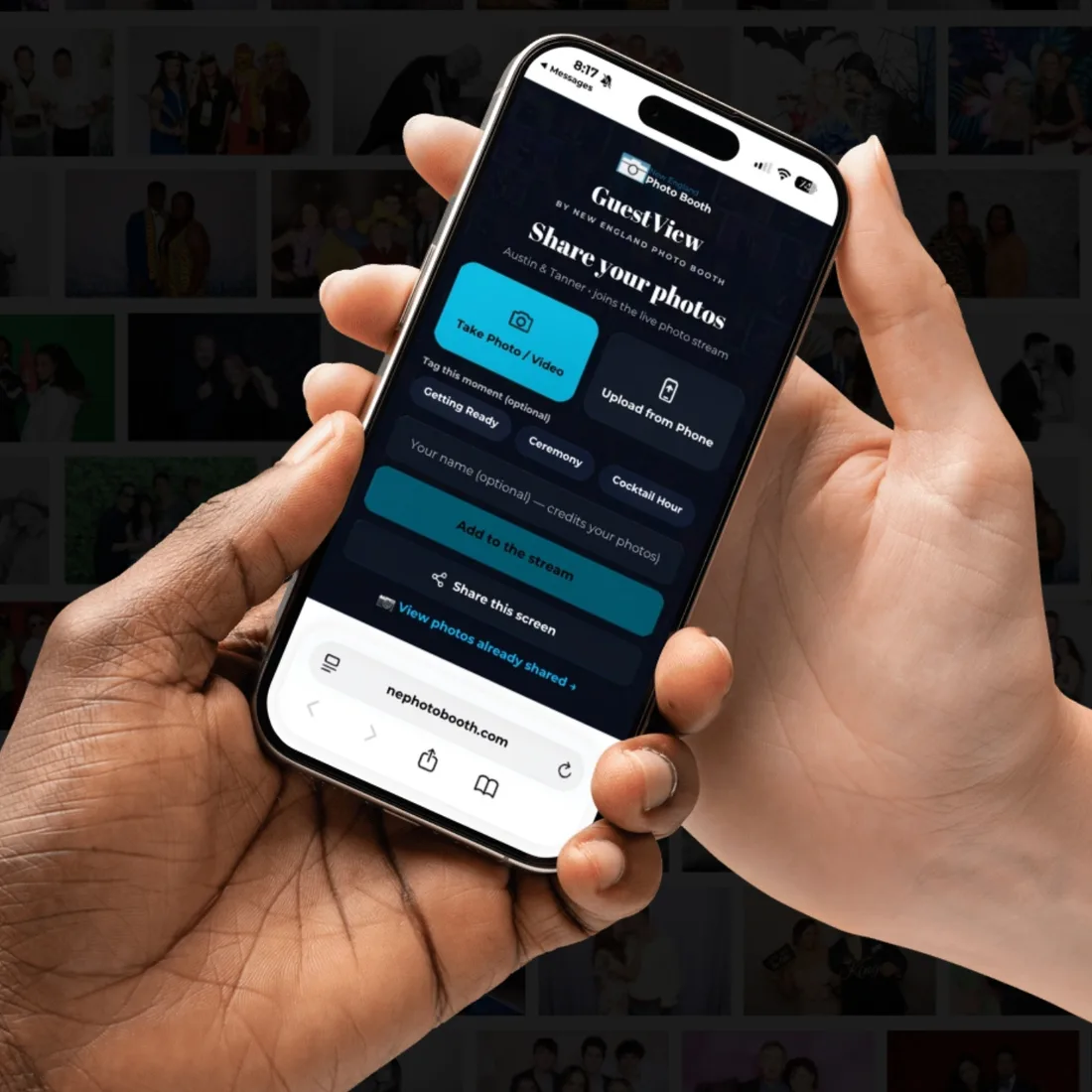 Guest using the GuestView web app on a phone to take and share photos to the live event gallery