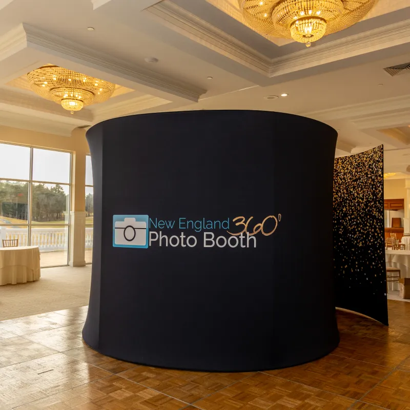 Branded 360 booth surround set up in a chandelier ballroom