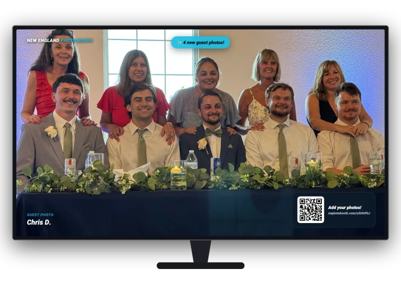 Wedding guests' phone photos playing on a big-screen slideshow