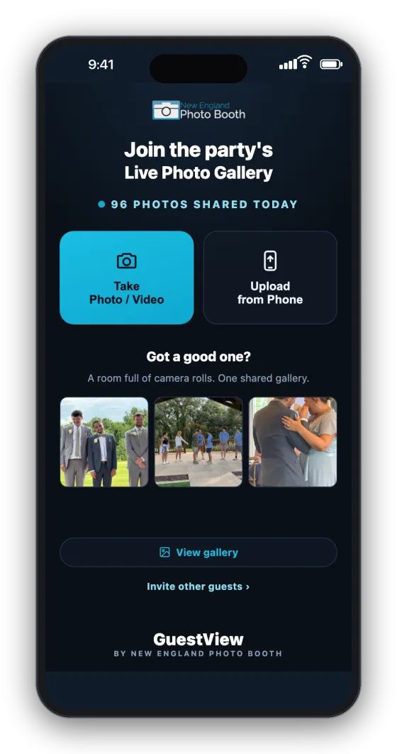 The GuestView arrival screen — Join the party's Live Photo Gallery, with Take Photo / Video and Upload from Phone