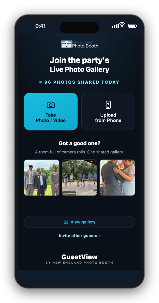 The GuestView arrival screen on a guest's phone — Join the party's Live Photo Gallery, with Take Photo / Video and Upload from Phone