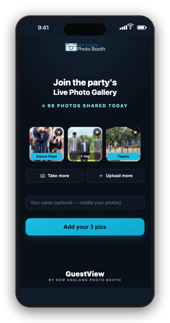 Three picked photos with moment tags, a name field for the credit, and the Add your 3 pics button