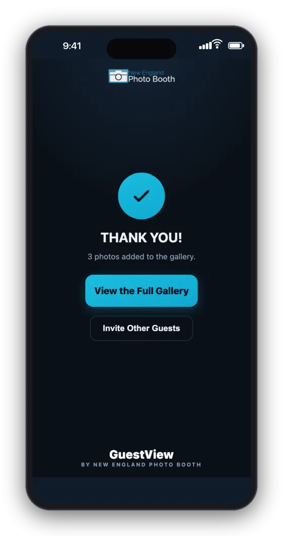 The GuestView thank-you screen — 3 photos added to the gallery, View the Full Gallery, Invite Other Guests