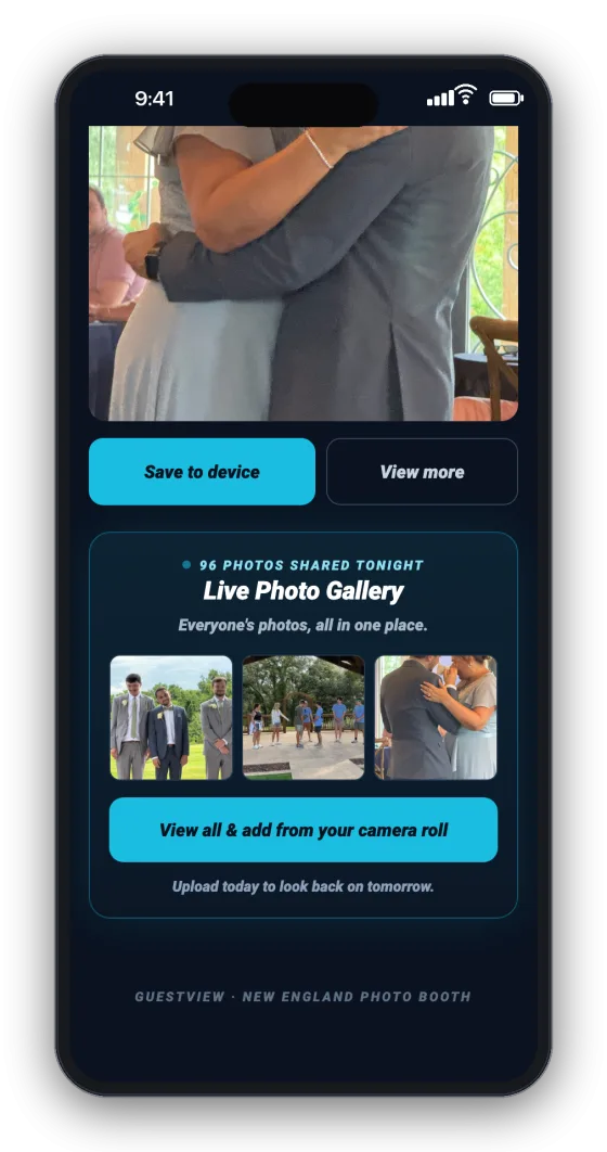 A booth photo texted to a guest, with Save to device and the Live Photo Gallery panel — View all & add from your camera roll