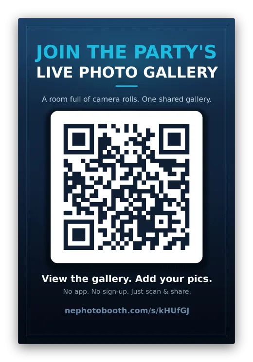 The 4x6 GuestView QR card that prints at the booth — Join the party's Live Photo Gallery. View the gallery. Add your pics.