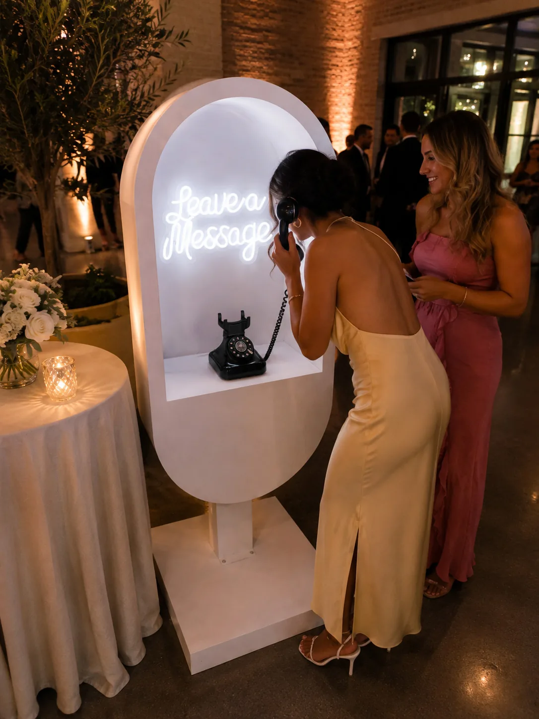 A wedding guest leaving a message on the audio guestbook phone at the lit arch stand