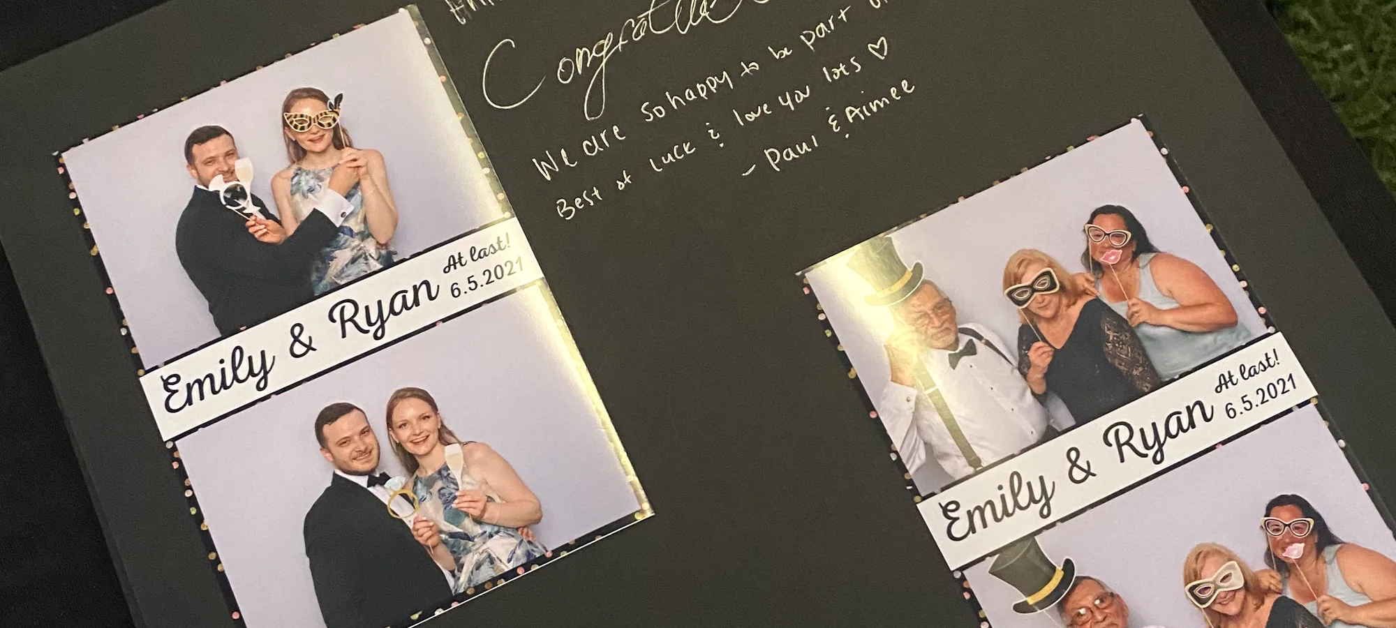 A guest book page with wedding photo strips mounted on black card beside a handwritten message