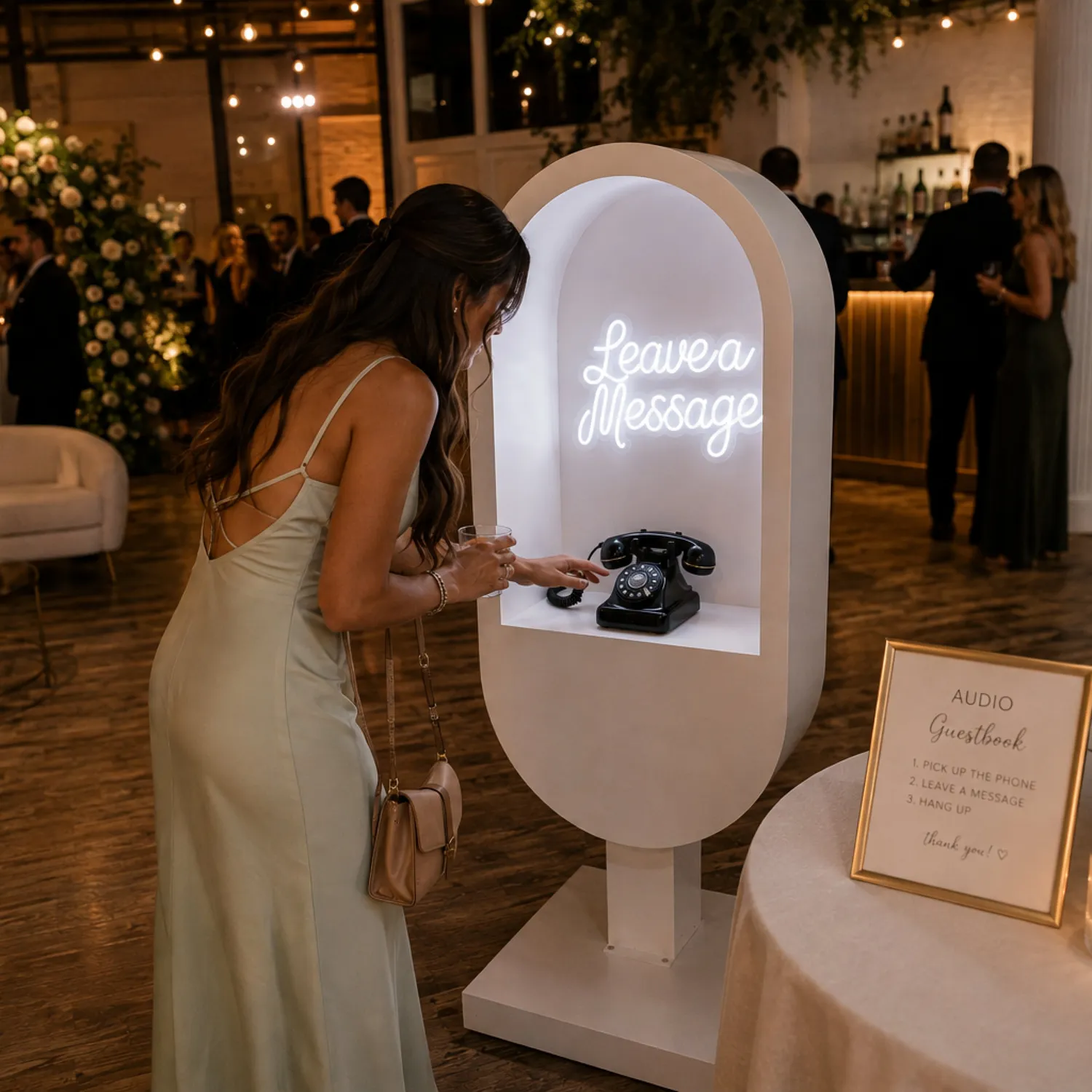 A wedding guest leans into the Leave a Message audio guestbook arch to pick up the vintage telephone