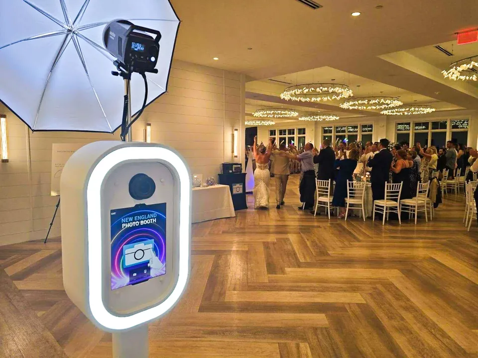 LuxPod setup with custom backdrop at corporate event