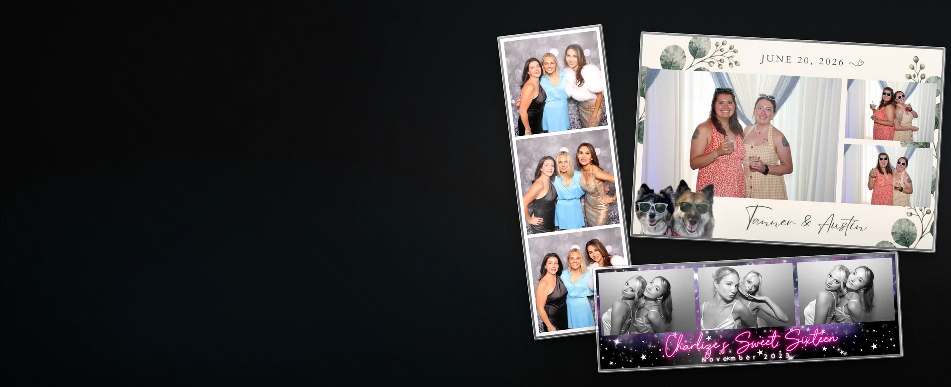 Guest photo booth prints and strips displayed in clear acrylic magnet frames