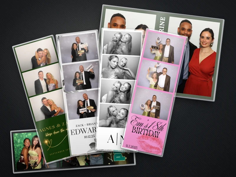 Photo booth prints and strips in clear acrylic magnet frames