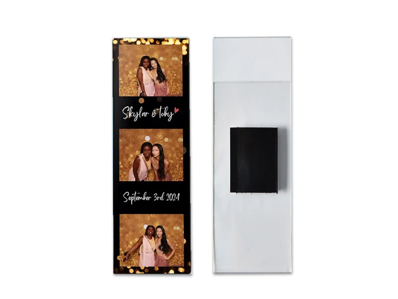 Front and back of the 2x6 acrylic magnet sleeve with a photo strip inside, showing the magnet on the back