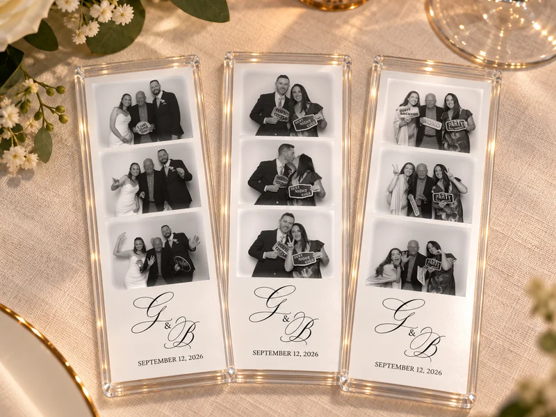 Three guests' photo booth strips in clear acrylic magnet frames on a wedding reception table