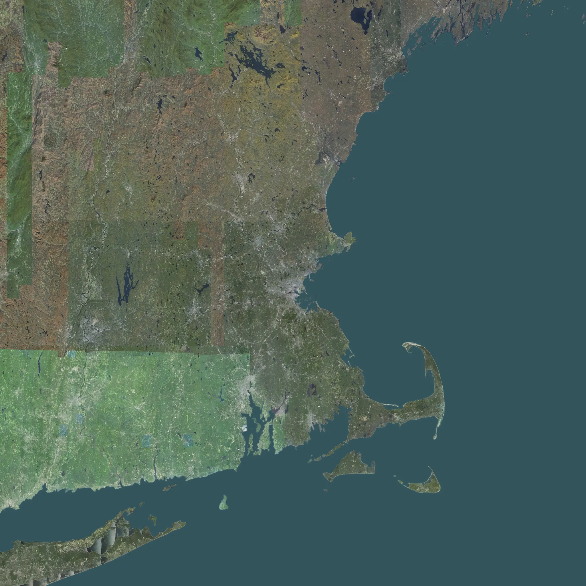Aerial view of New England at dusk, from Long Island Sound to the Maine coast, centred on Boston