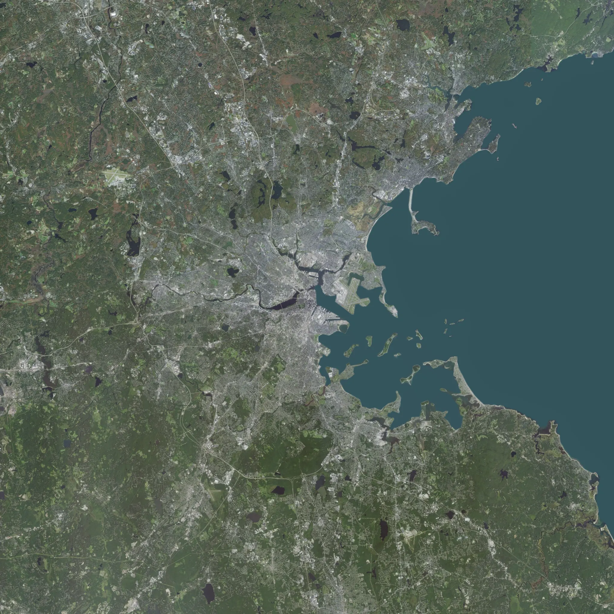 Aerial view of New England at dusk, from Long Island Sound to the Maine coast, centred on Boston, 60 km across