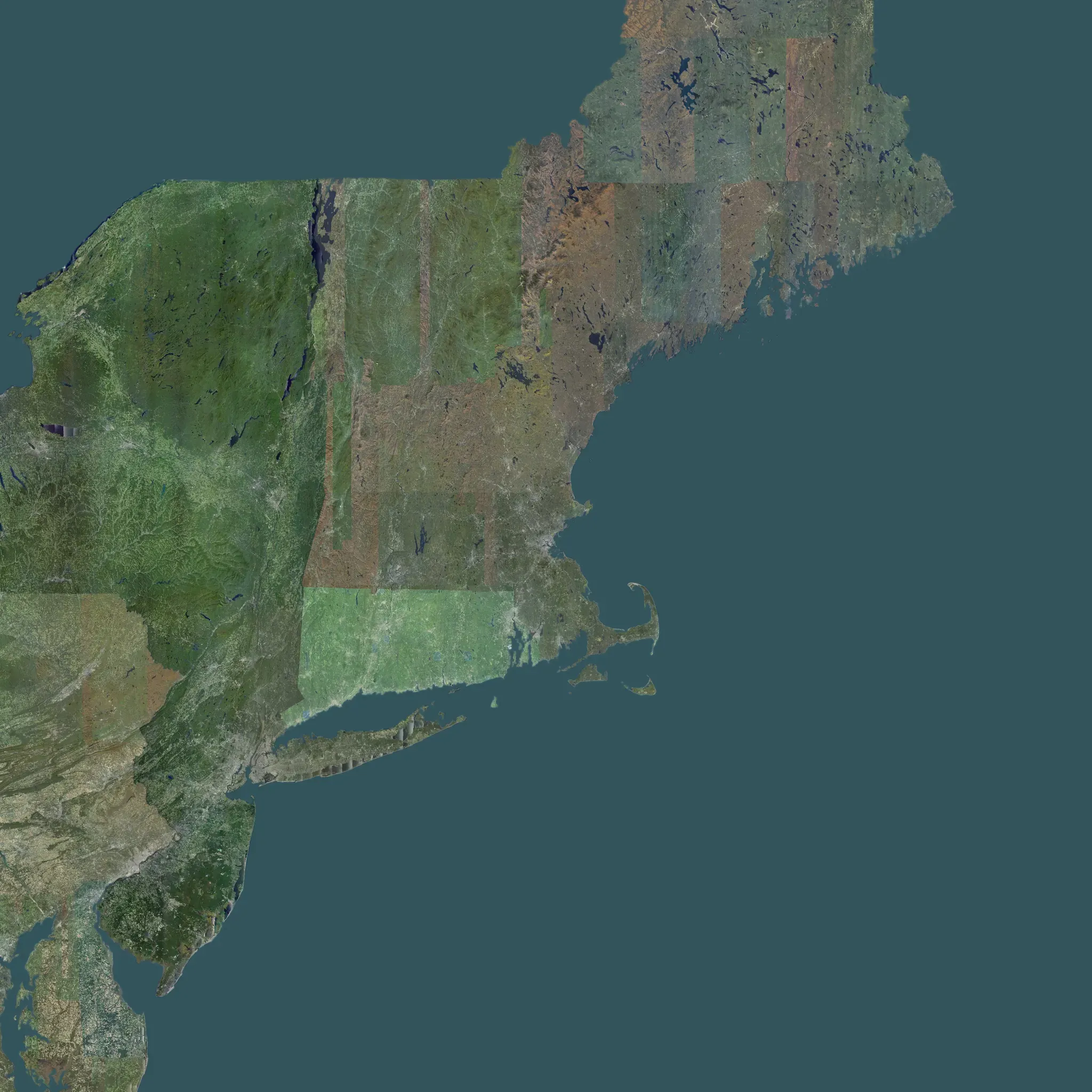 Aerial view of New England at dusk, from Long Island Sound to the Maine coast, centred on Boston, 900 km across
