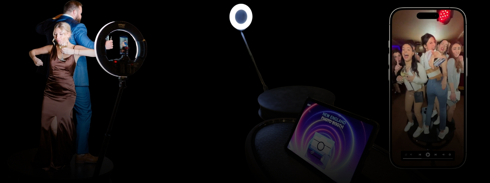 360 video booth in action — guests posing with a spinning camera at an event